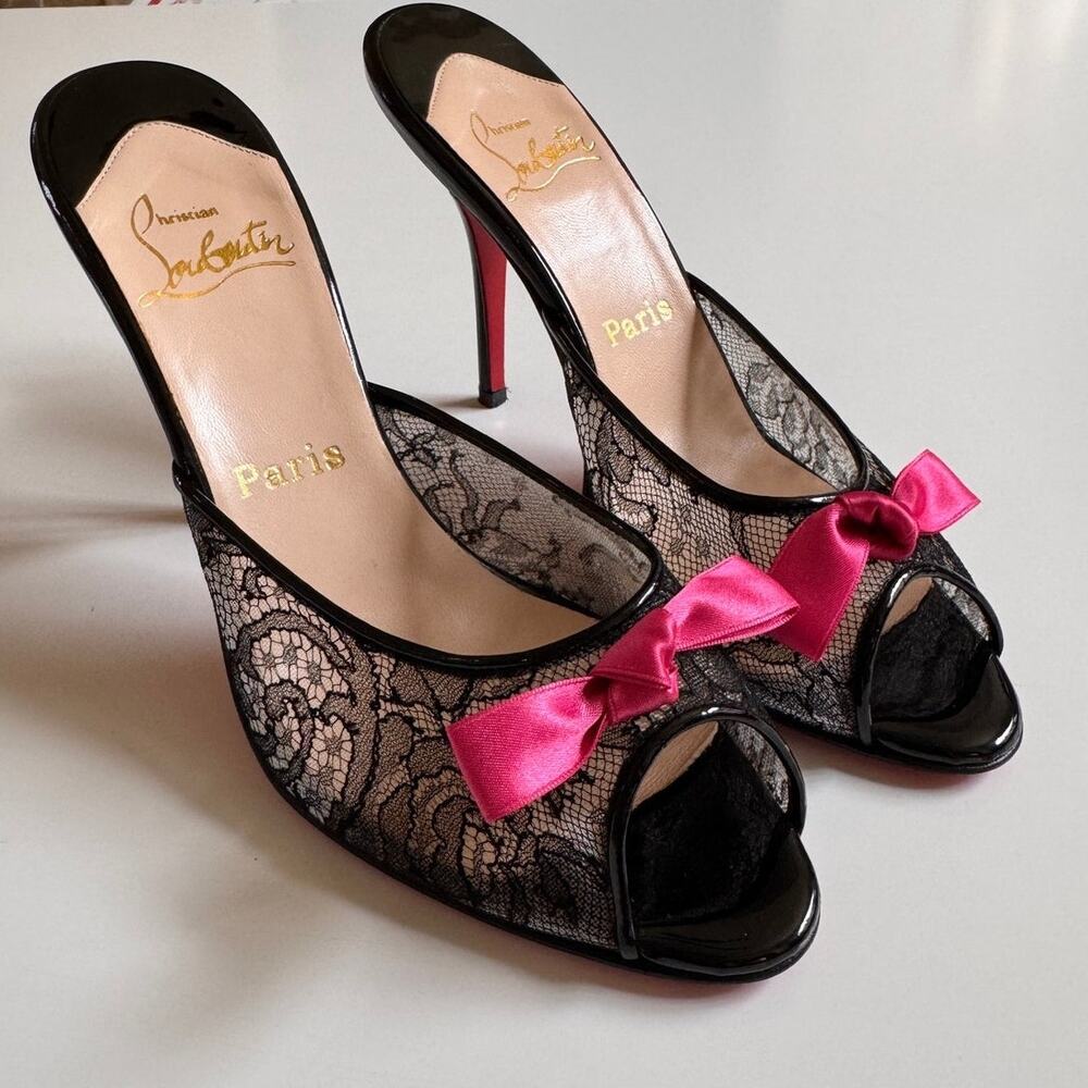 Christian Louboutin Black Lace Pink Accent Bow Peep Toe Mule Slide Size 39 US 9 - Picture 15 of 16